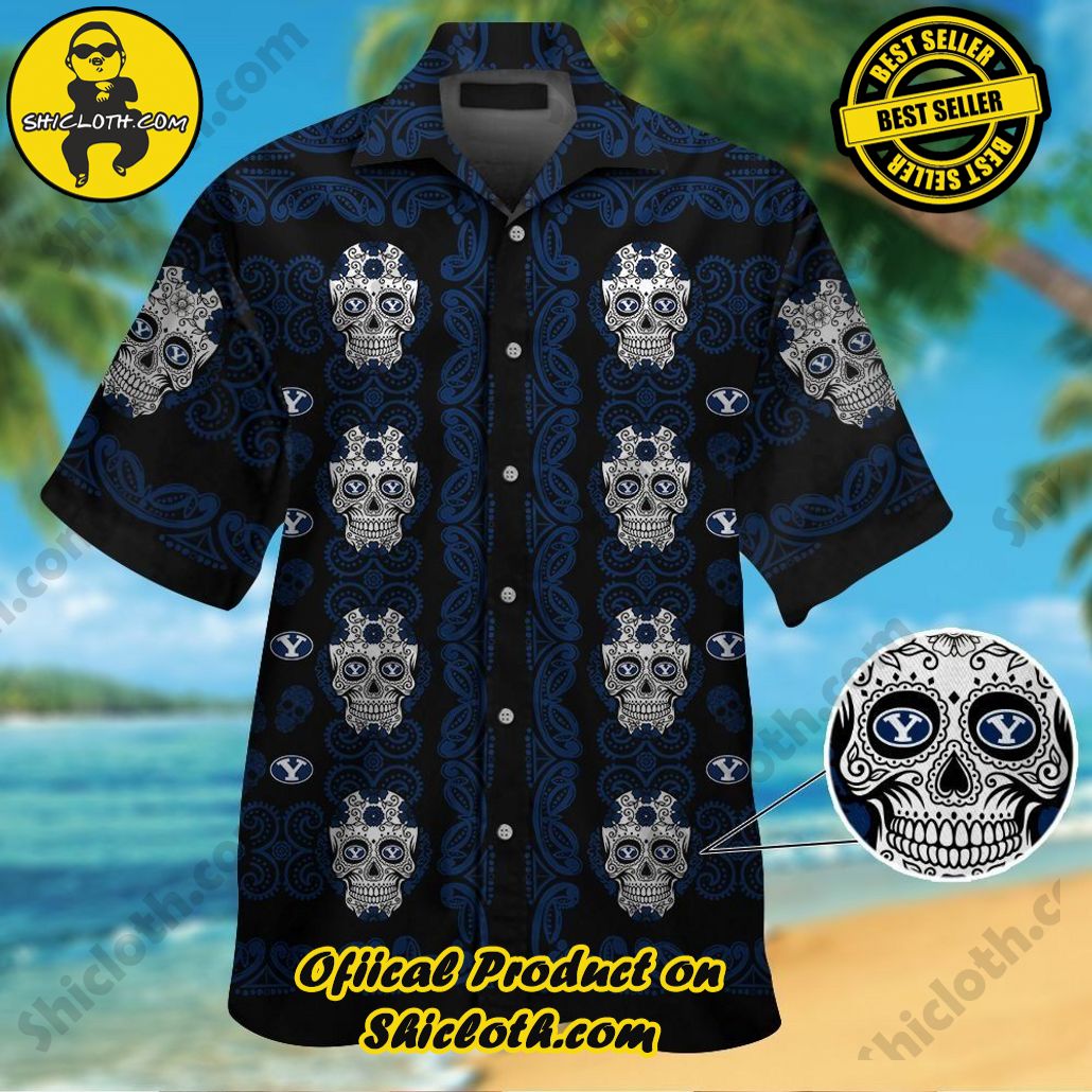 Byu Cougarsskull Short Sleeve Button Up Tropical Hawaiian Shirt