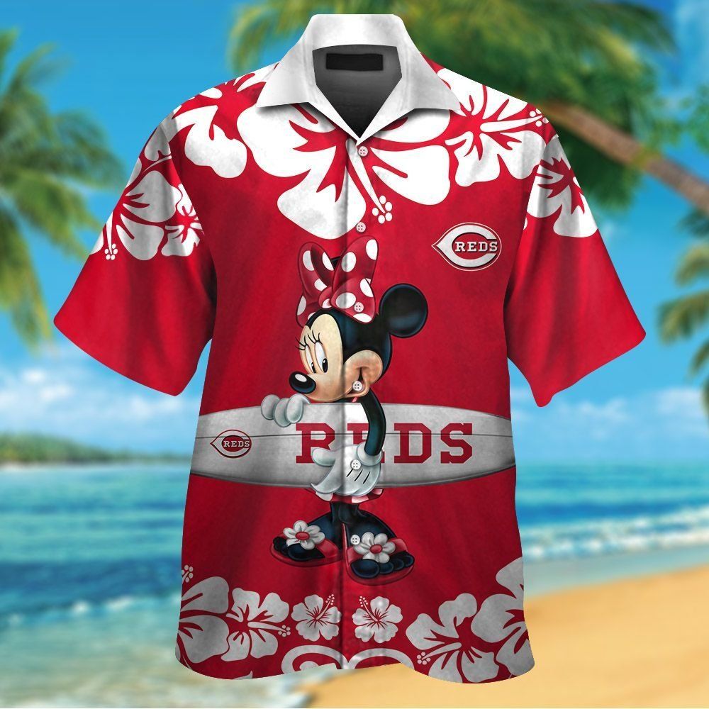 Cincinnati Reds Minnie Mouse Short Sleeve Button Up Tropical Hawaiian Shirt