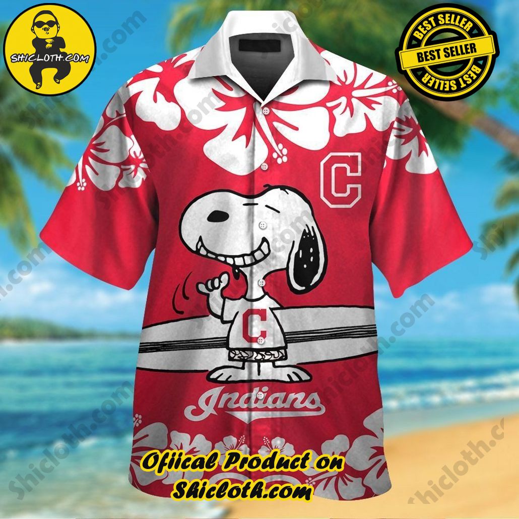Cleveland Indians Snoopy Short Sleeve Button Up Tropical Hawaiian Shirt