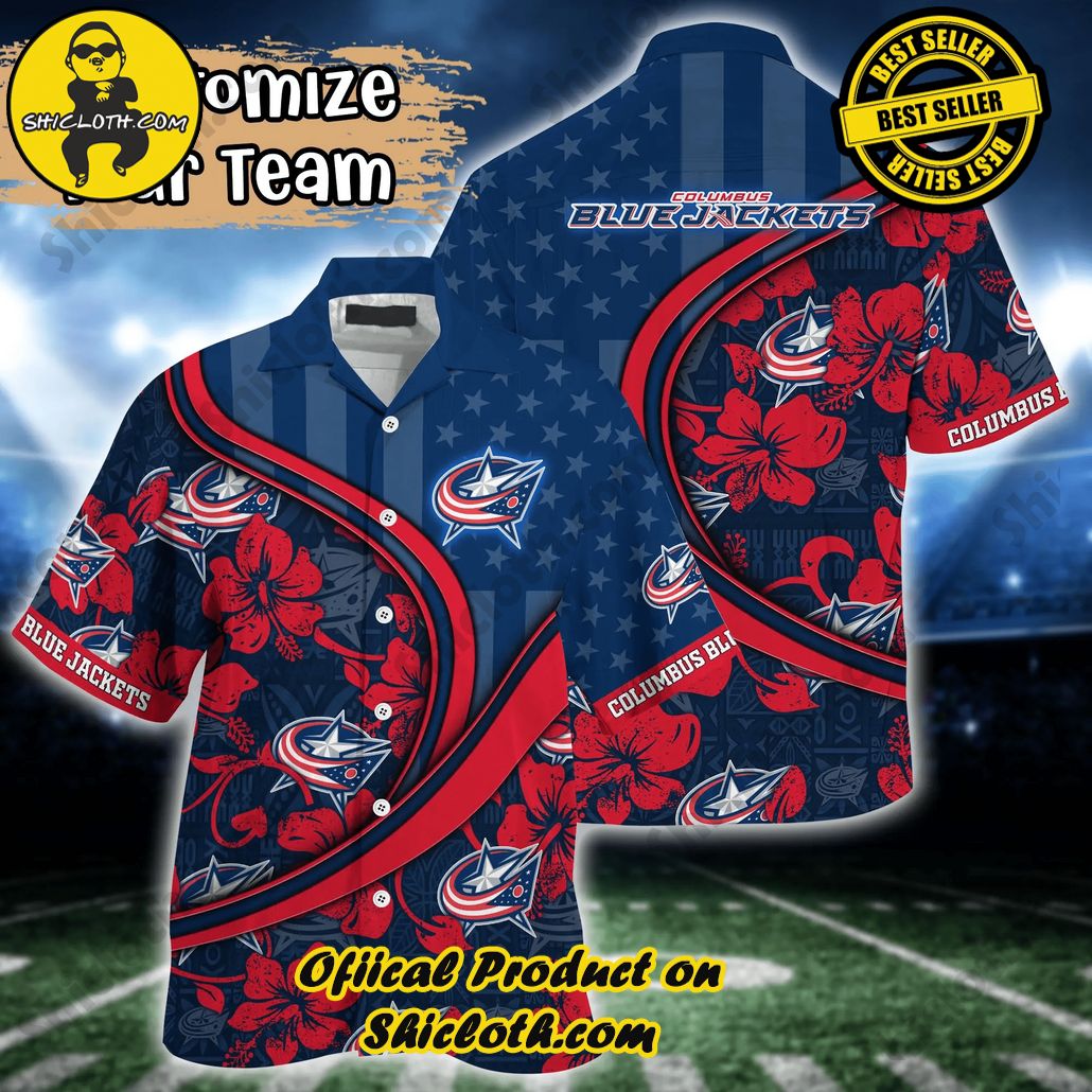 Columbus Blue Jackets NHL Us Flag Hawaiian Shirt Custom Summer Aloha Shirt