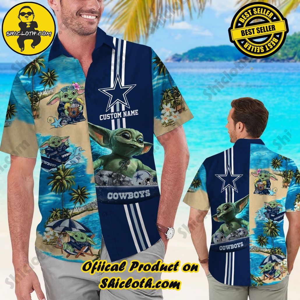 Dallas Cowboys Baby Yoda Name Personalized Short Sleeve Button Up Tropical Hawaiian Shirt