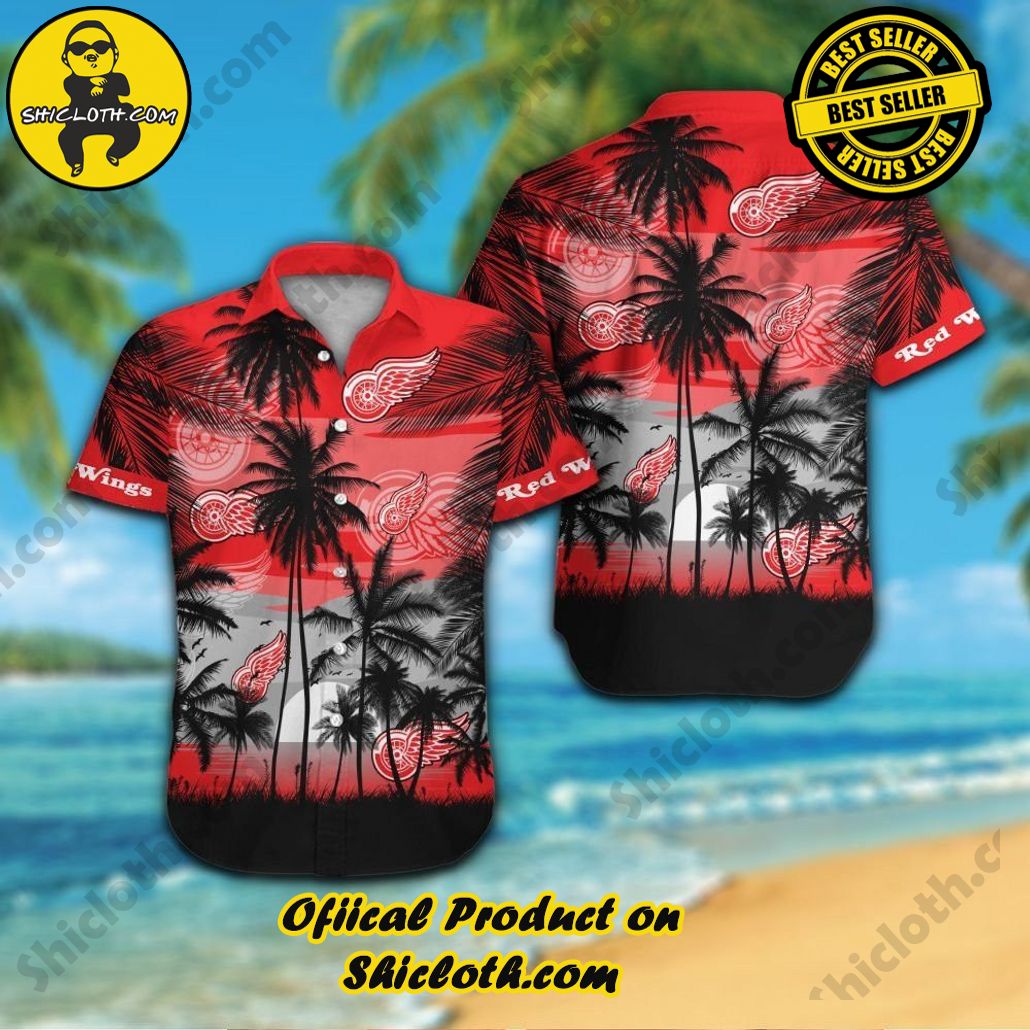 Detroit Red Wings Short Sleeve Button Up Tropical Shirt Hawaiian Shirt