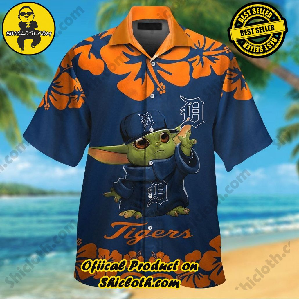 Detroit Tigers Baby Yoda Short Sleeve Button Up Tropical Hawaiian Shirt