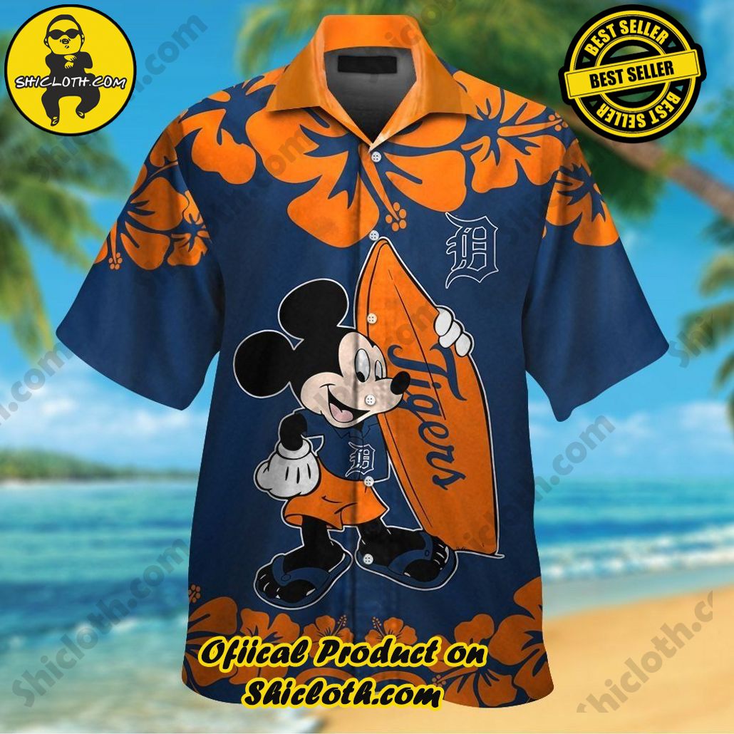 Detroit Tigers Mickey Mouse Short Sleeve Button Up Tropical Hawaiian Shirt