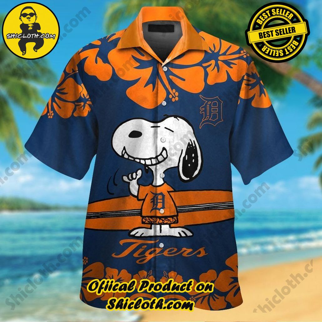Detroit Tigers Snoopy Short Sleeve Button Up Tropical Hawaiian Shirt