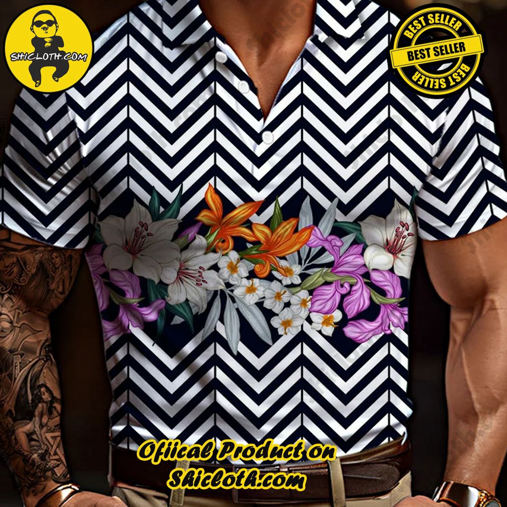 Hawaiian Optical Illusion Art Black And White Zigzag Pattern And Flowers Printing Short Sleeve Polo