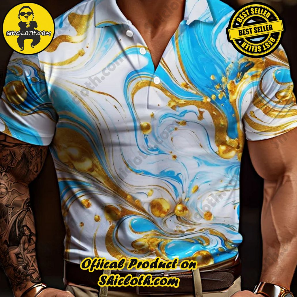 Marble Art Abstract Blue And Gold Fluid Background Printing Short Sleeve Polo