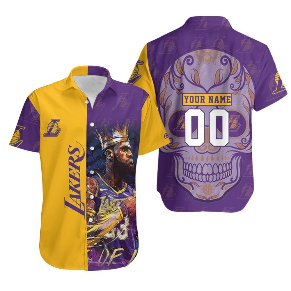 NBA Los Angeles Lakers Custom Name Number Golden Purple Lebron James Western Conference Skull Trendy Hawaiian Shirt Aloha Shirt