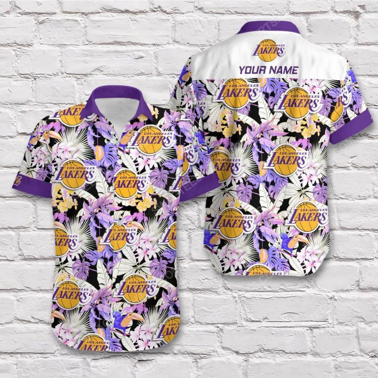 NBA Los Angeles Lakers Custom Name Purple White Tropical Flowers Trendy Hawaiian Shirt Aloha Shirt