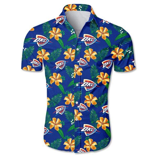 NBA Oklahoma City Thunder Gold Hibiscus Green Leaves Trendy Hawaiian Shirt Aloha Shirt