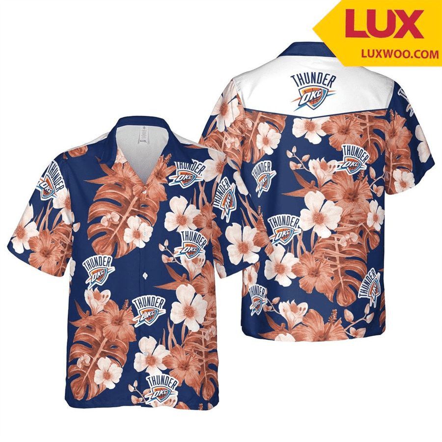 NBA Oklahoma City Thunder White Hibiscus Orange Leaves Trendy Hawaiian Shirt Aloha Shirt