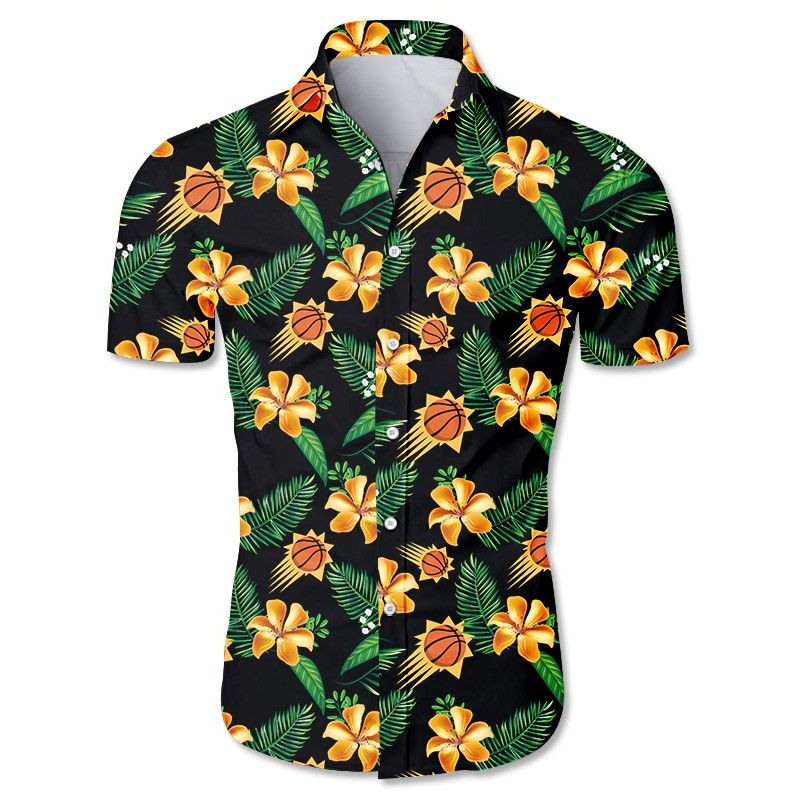 NBA Phoenix Suns Orange Hibiscus Flowers Green Leaves Trendy Hawaiian Shirt Aloha Shirt