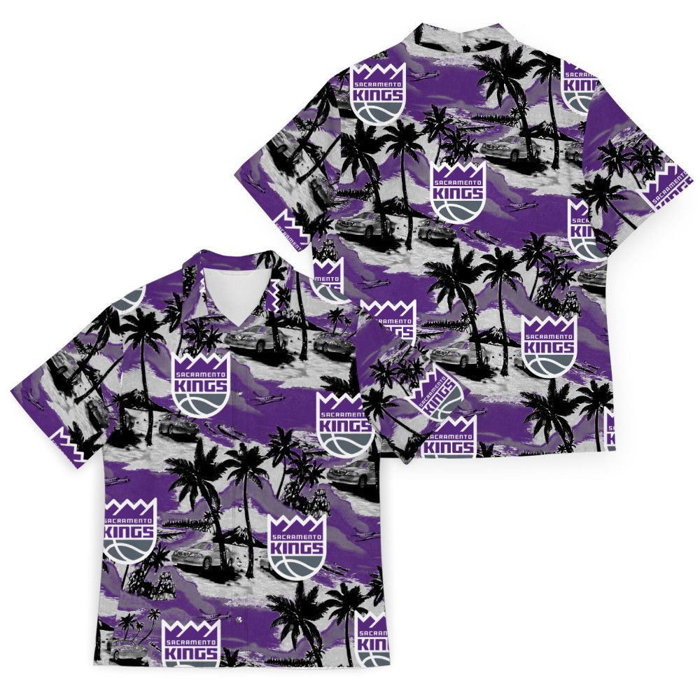 NBA Sacramento Kings Purple White Palm Trees Car Trendy Hawaiian Shirt Aloha Shirt