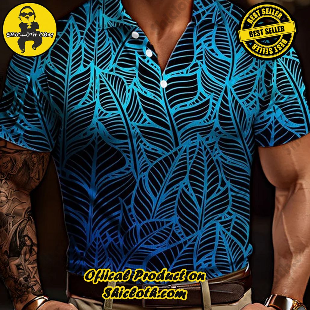 Neon Gradient Blue Tropical Leaves Pattern Printing Short Sleeve Polo