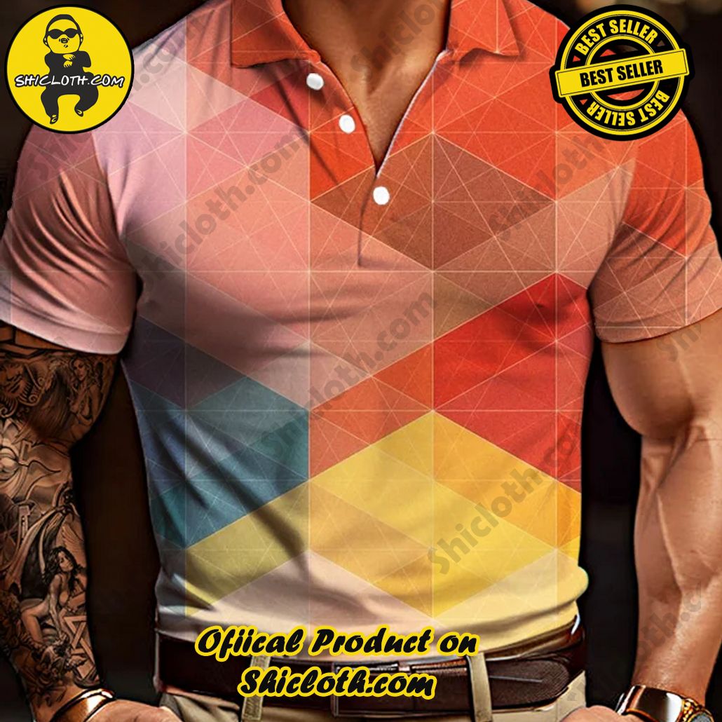 Orange-Pink Gradient Medieval Geometric Pattern Printing Short Sleeve Polo