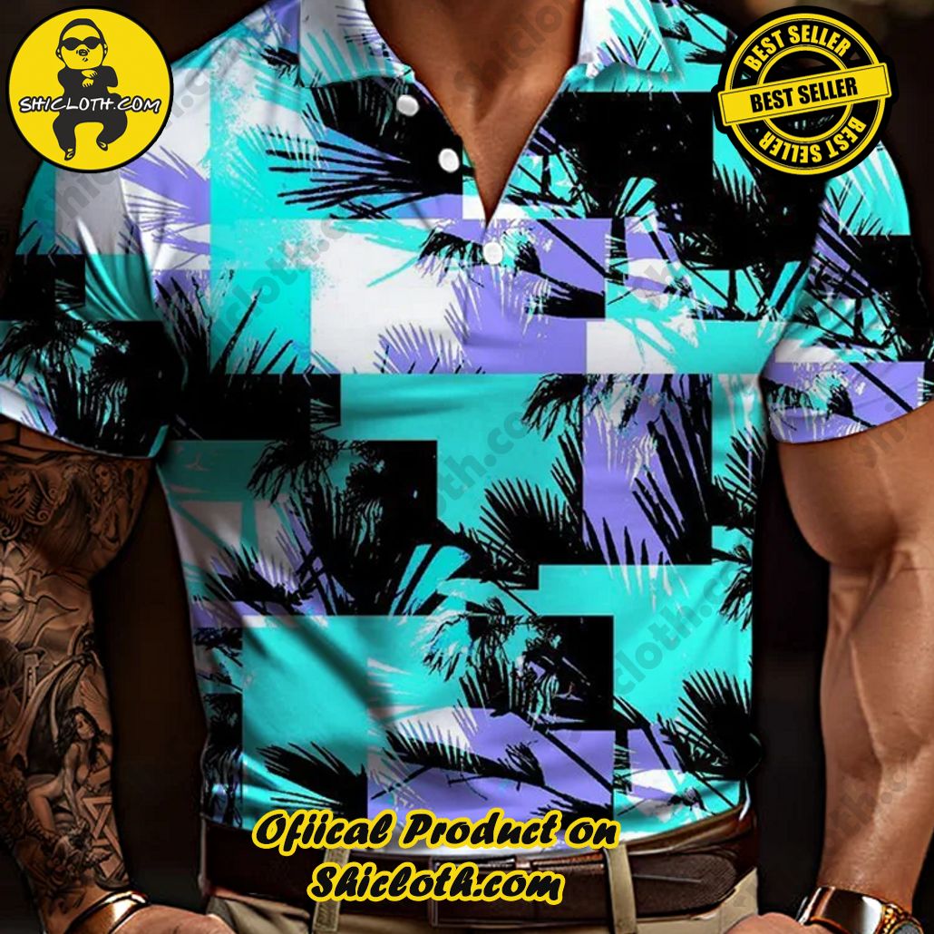 Psychedelic Abstract Coconut Trees Silhouettes Printing Short Sleeve Polo
