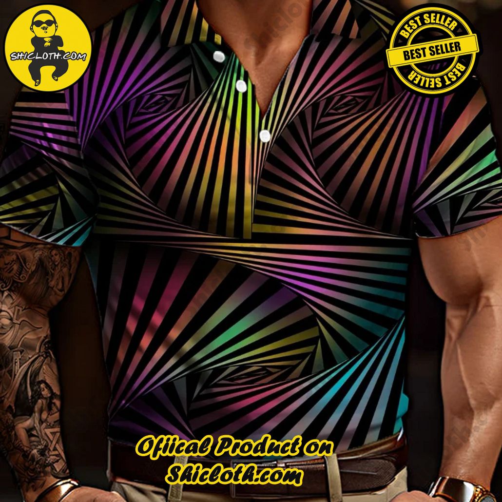 Psychedelic Optical Illusion Art Rainbow Rotating Lines Printing Short Sleeve Polo