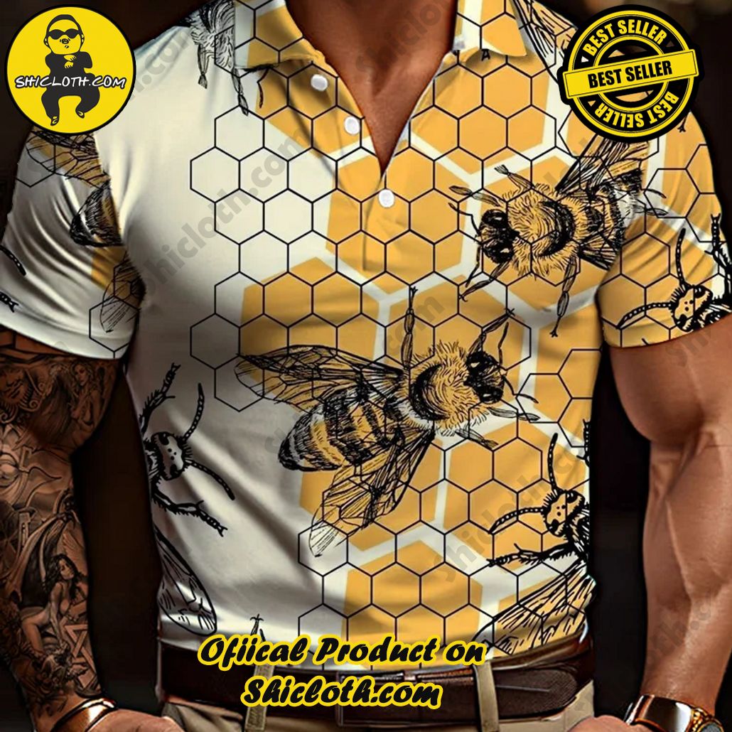 Stylish Bee And Honeycomb Pattern Printing Short Sleeve Polo