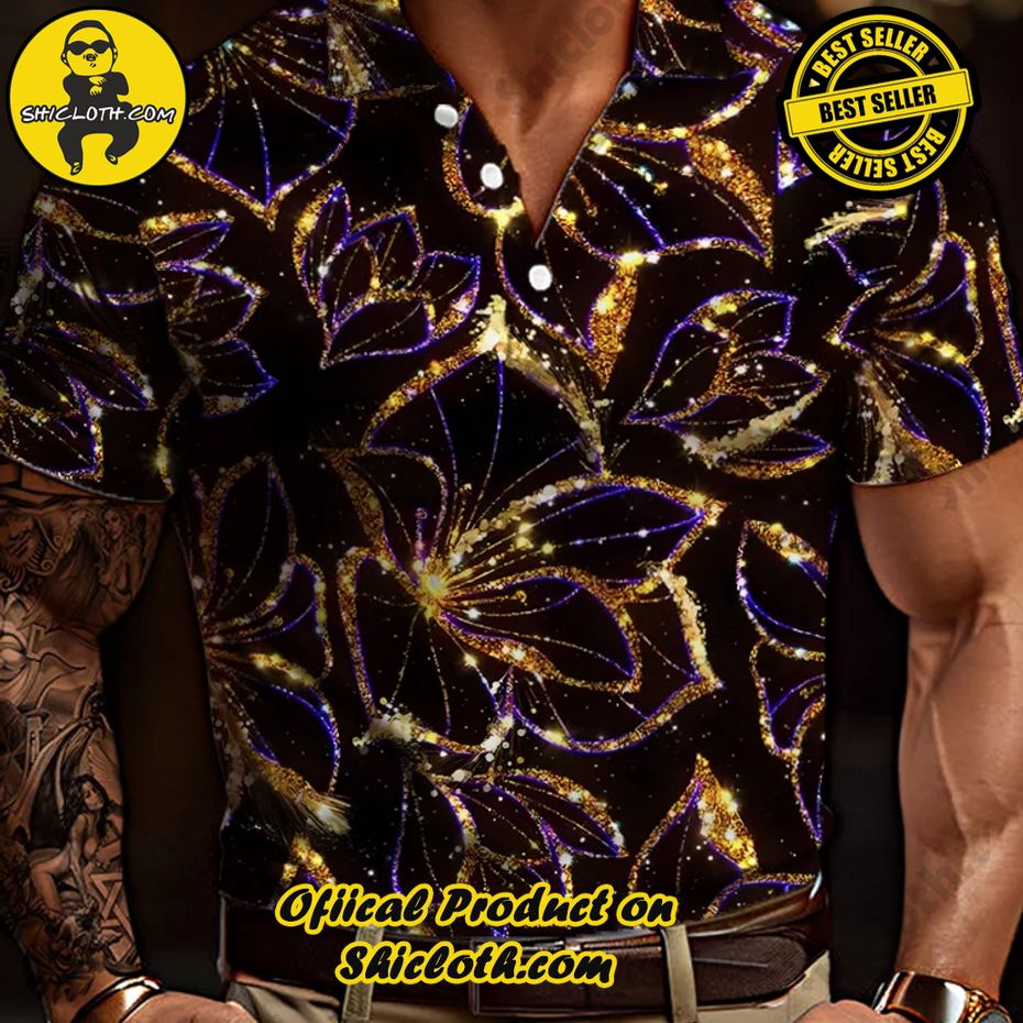 Black And Gold Luxury Flowers Pattern Printing Short Sleeve Polo