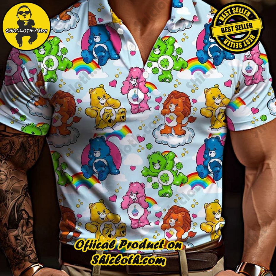 Cartoon Rainbow Bears With Different Elements Hippie Printing Short Sleeve Polo