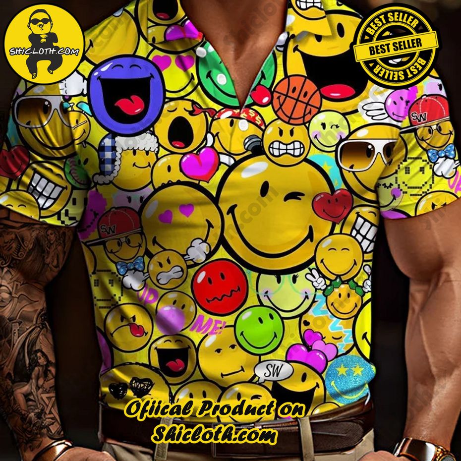 Casual Hawaiian Psychedelic Smiley Face Printing Short Sleeve Polo