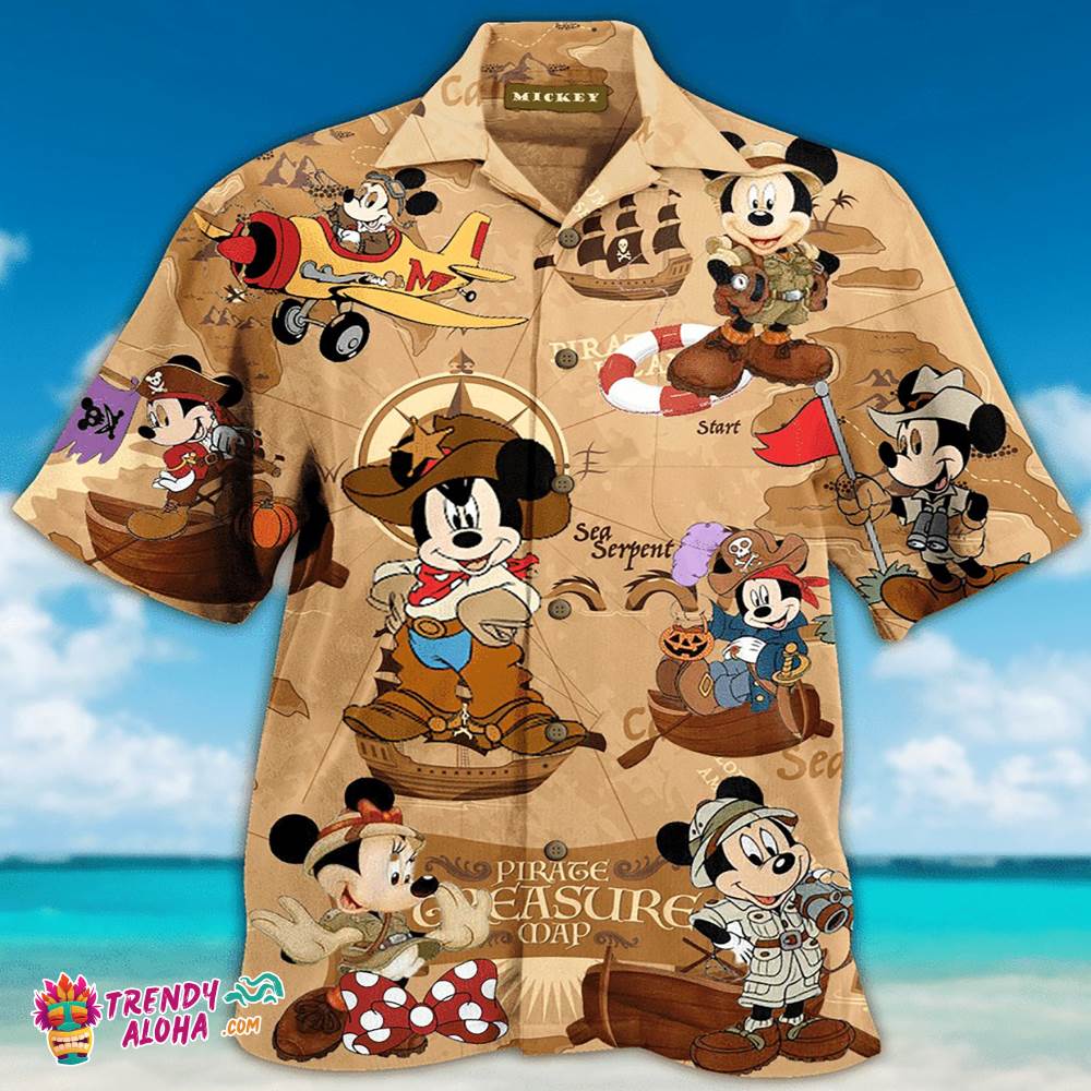 Disney Pirates Mickey Mouse Treasure Map Summer Holiday Family Aloha Hawaiian Beach Shirt