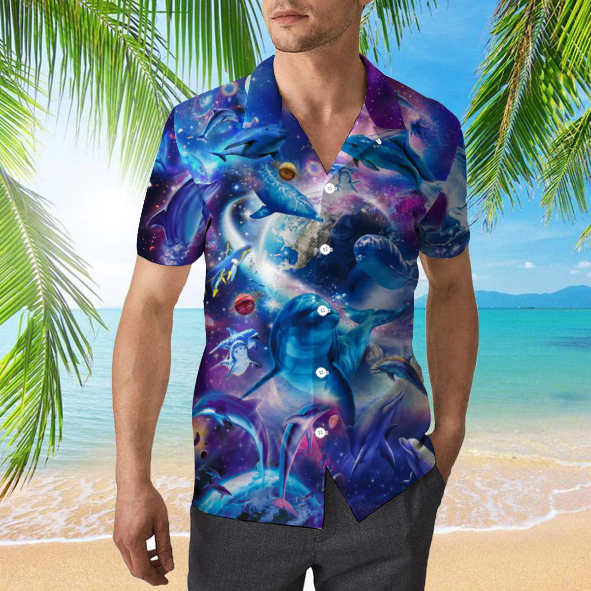 Dolphins Jump Into The Galaxy Trendy Hawaiian Shirt Aloha Shirt
