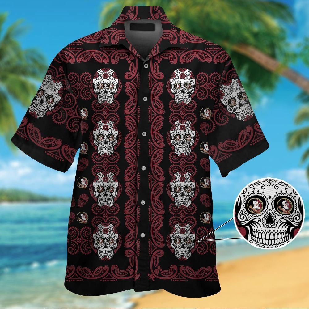 Florida State Seminolesskull Short Sleeve Button Up Tropical Hawaiian Shirt