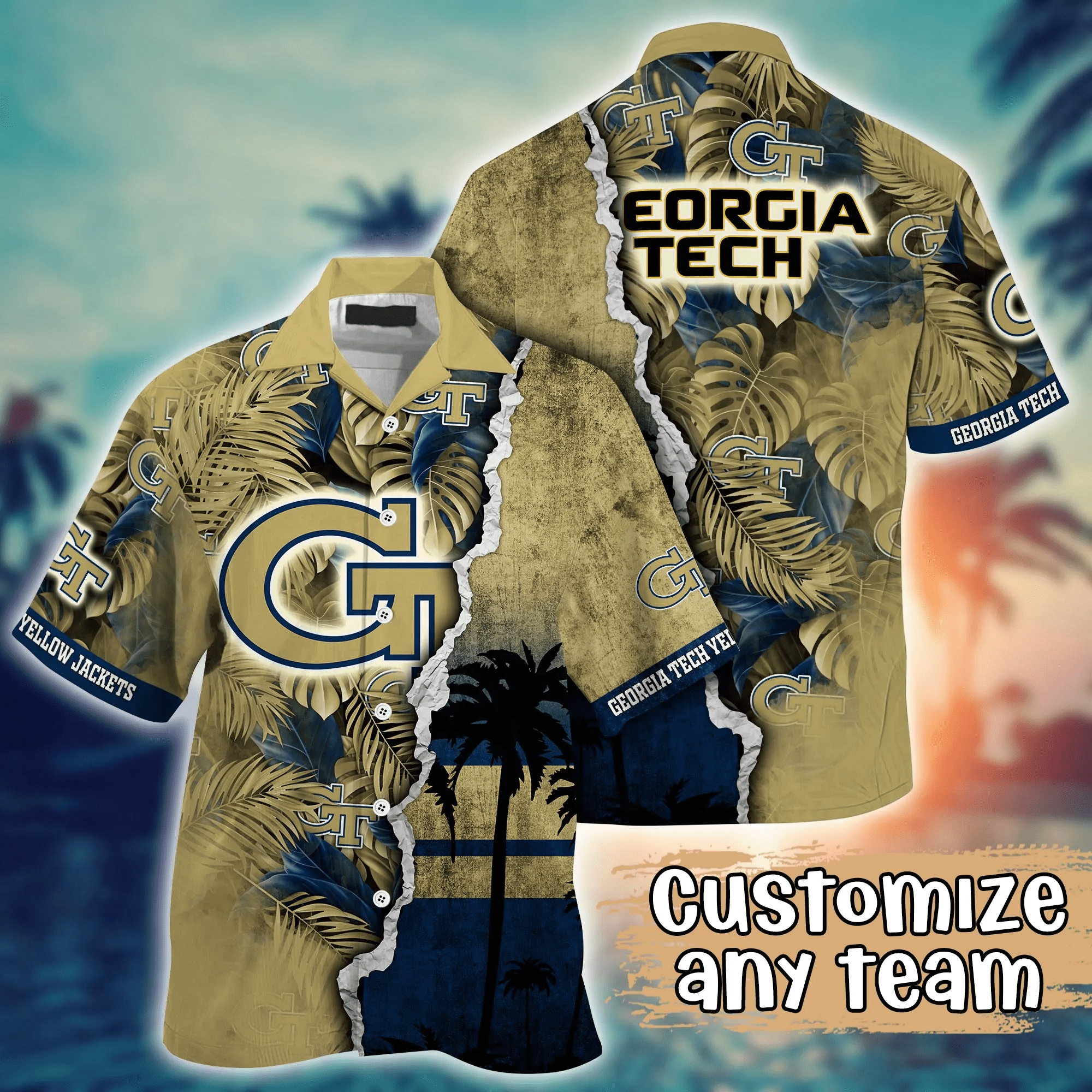 Georgia Tech Yellow Jackets NCAA Hawaiian Shirt Custom Lush Greenery Aloha Shirt