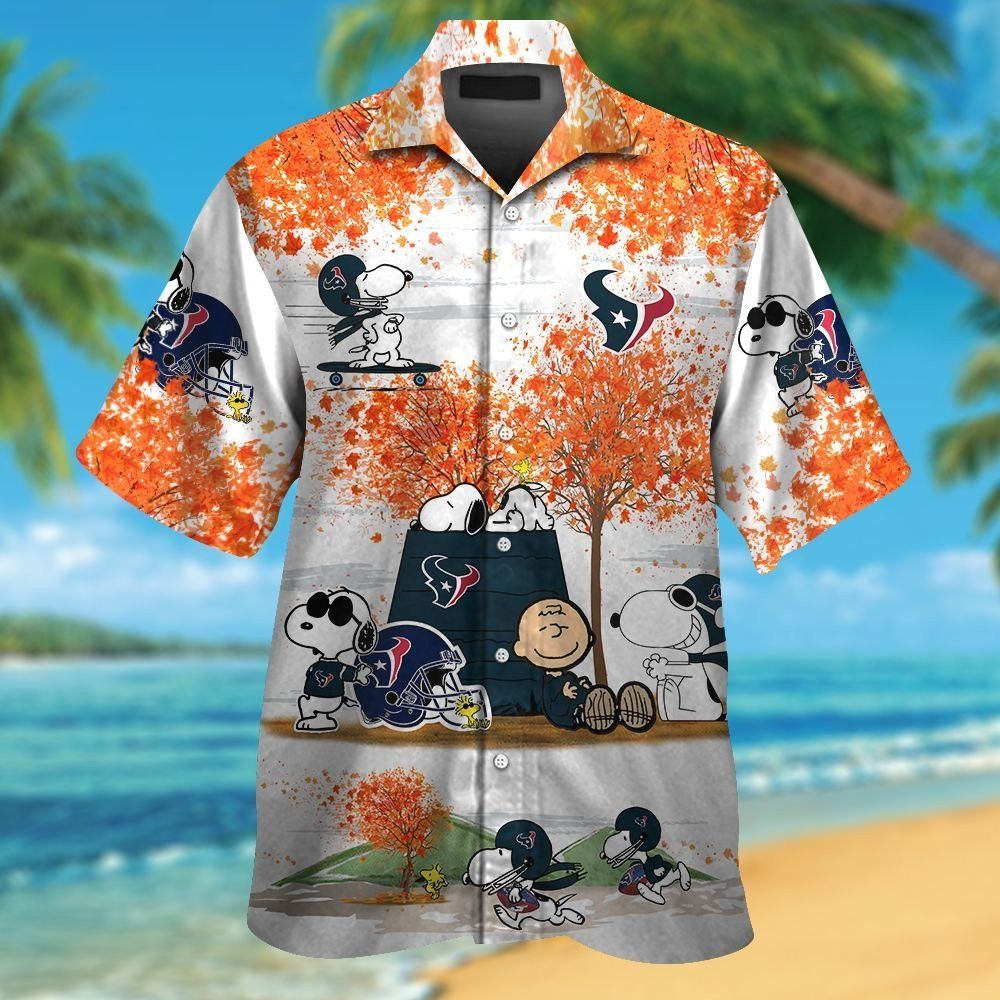 Houston Texans Snoopy Autumn Short Sleeve Button Up Tropical Hawaiian Shirt