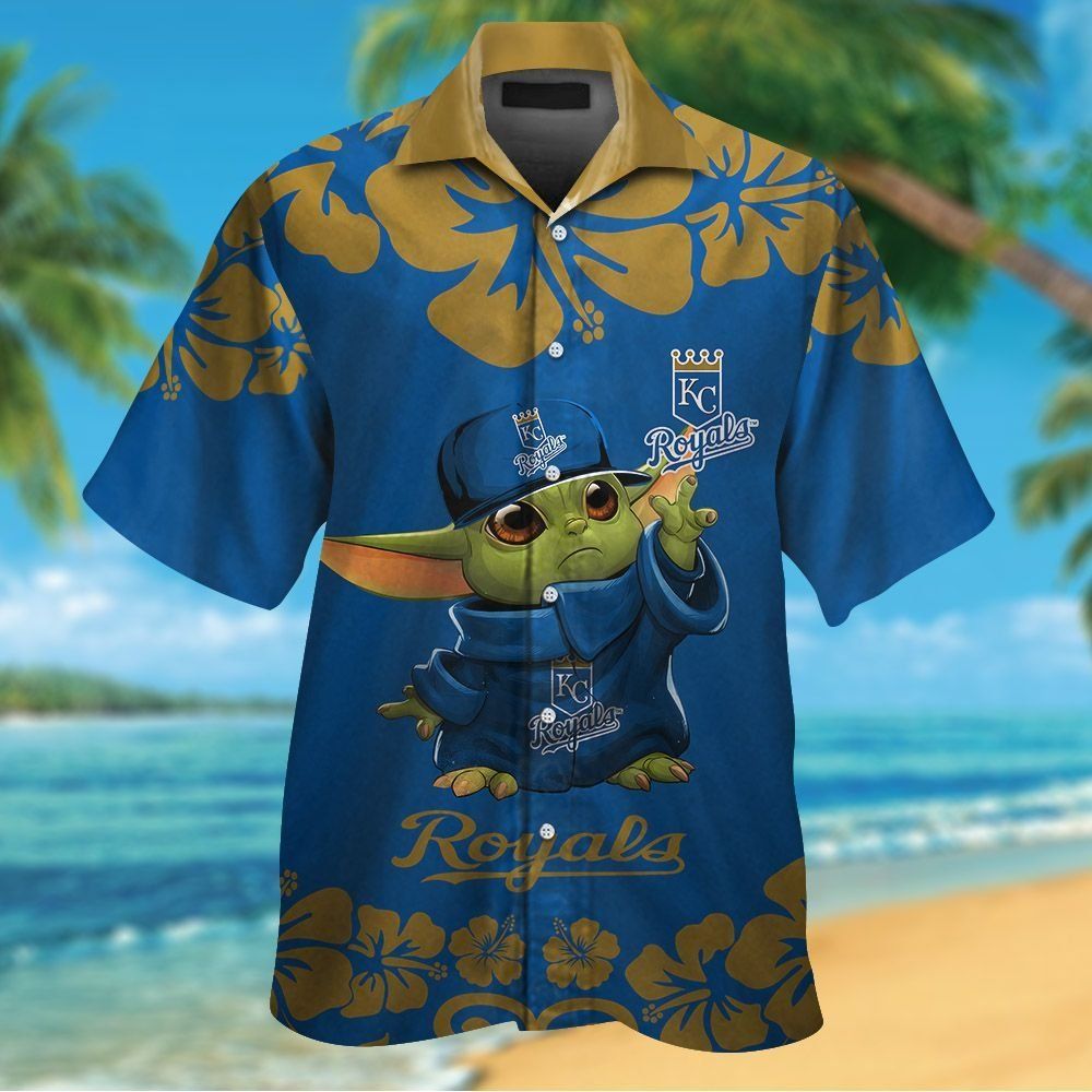 Kansas City Royals Baby Yoda Short Sleeve Button Up Tropical Hawaiian Shirt 1 Kansas City Royals Baby Yoda Short Sleeve Button Up Tropical Hawaiian Shirt