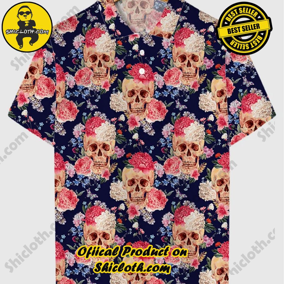 navy background vintage skull and colorful floral printing short sleeve polo 2 BuqnN