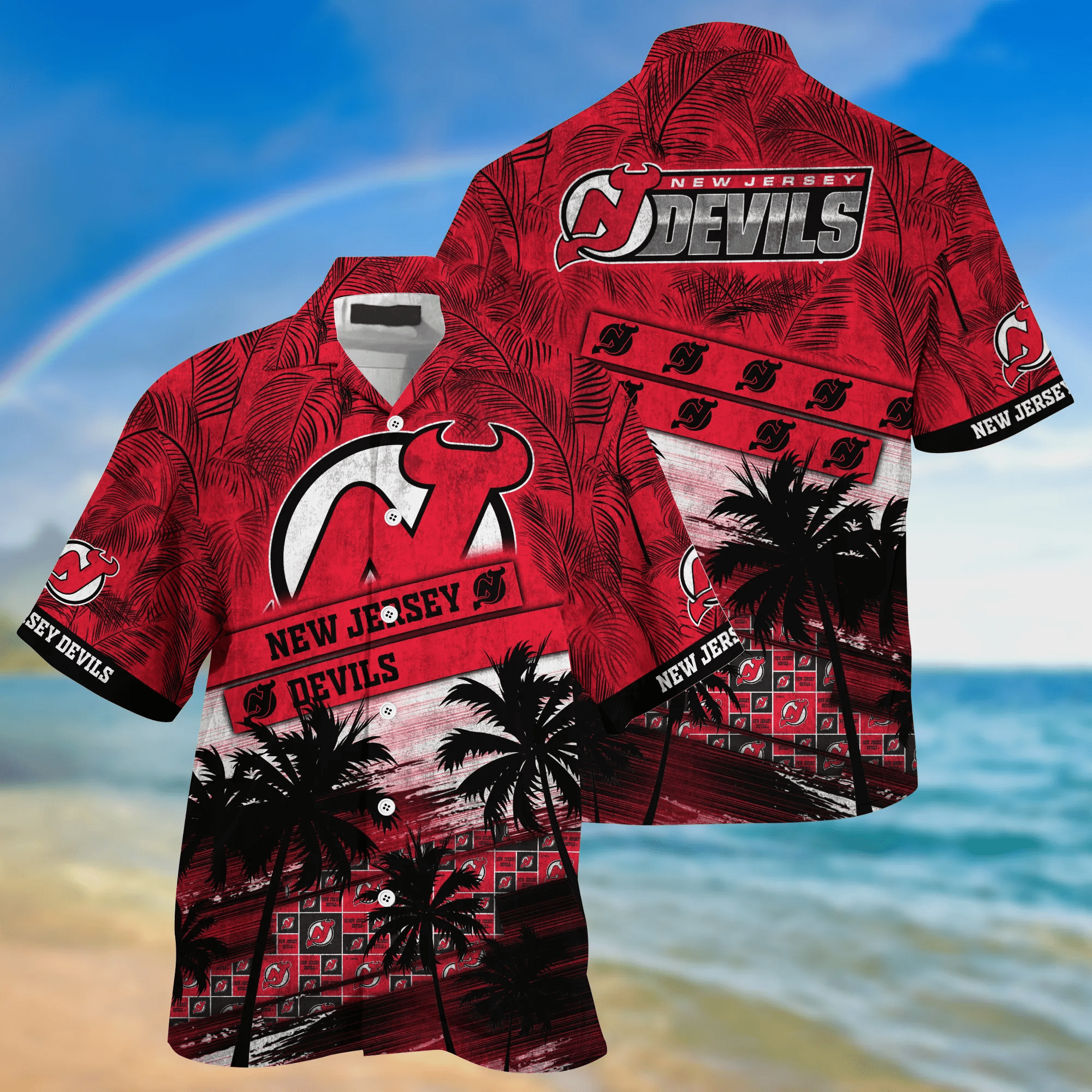 New Jersey Devils NHL Palm Tree Pattern Hawaii Shirt For Sports Fans Unisex Sport Hawaii Shirt