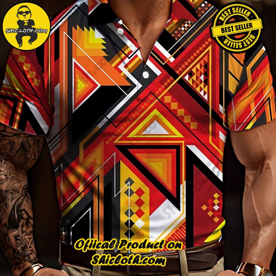 Orange Abstract Ethnic Geometric Pattern Printing Short Sleeve Polo