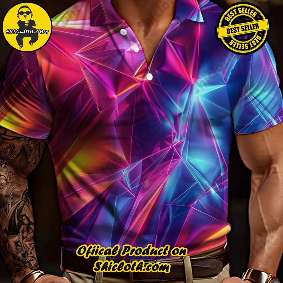 Rainbow Neon Wrinkled Laser Texture Printing Short Sleeve Polo