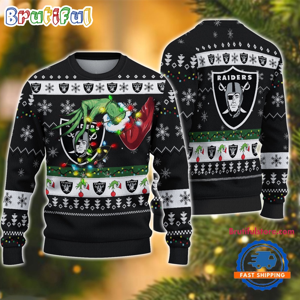 NFL Las Vegas Raiders Special Grinch?s Hand Football Christmas Ugly Sweater