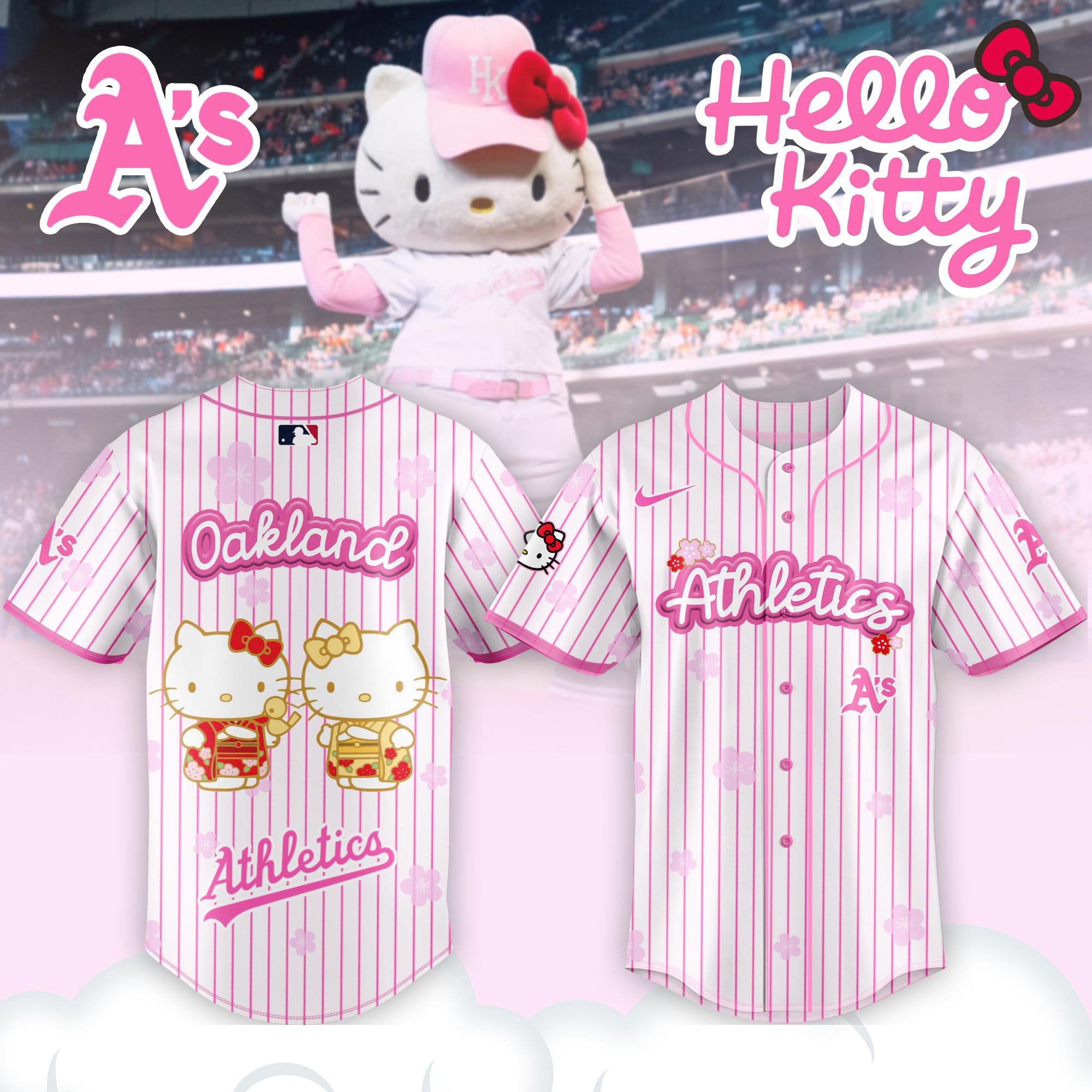 Alternative view of Oakland Athletics Hello Kitty Happy Girls Day Baseball Jersey and Hoodie Custom Name