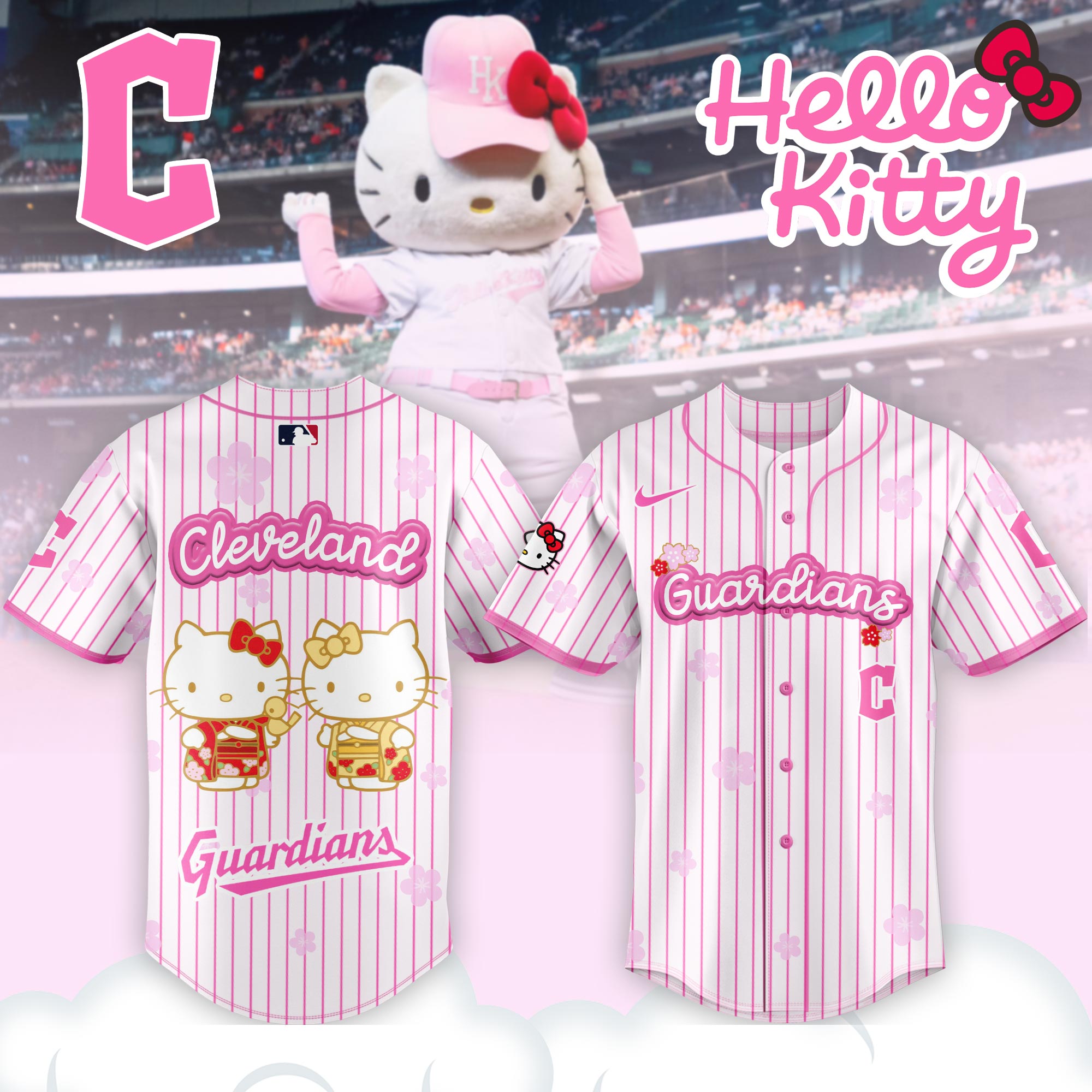 Alternative view of Cleveland Guardians Hello Kitty Happy Girls Day Baseball Jersey and Hoodie