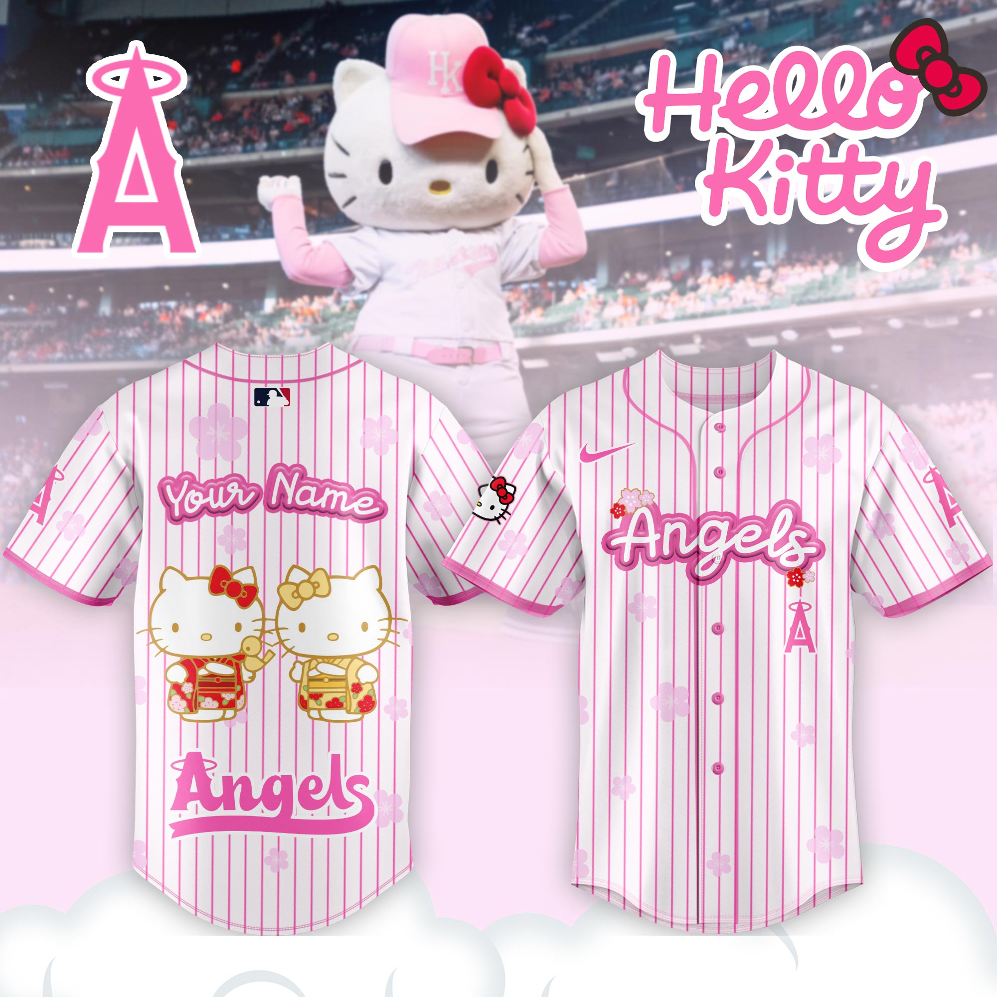 Alternative view of Los Angeles Angels Hello Kitty Happy Girls Day Baseball Jersey and Hoodie Custom Name