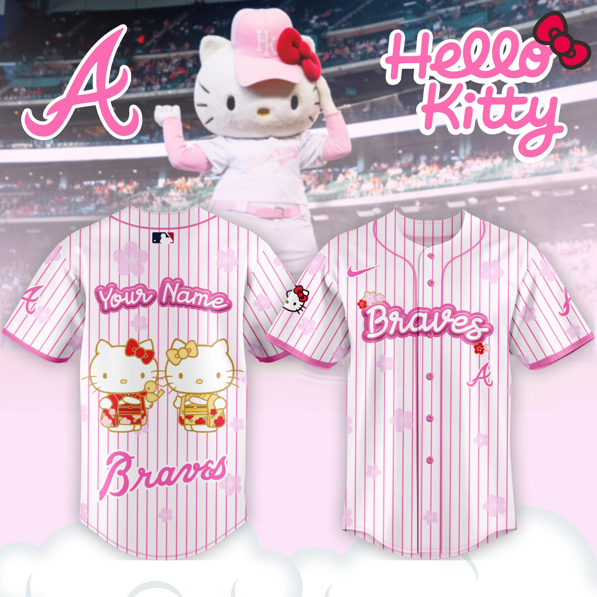 Alternative view of Atlanta Braves Hello Kitty Happy Girls Day Baseball Jersey and Hoodie