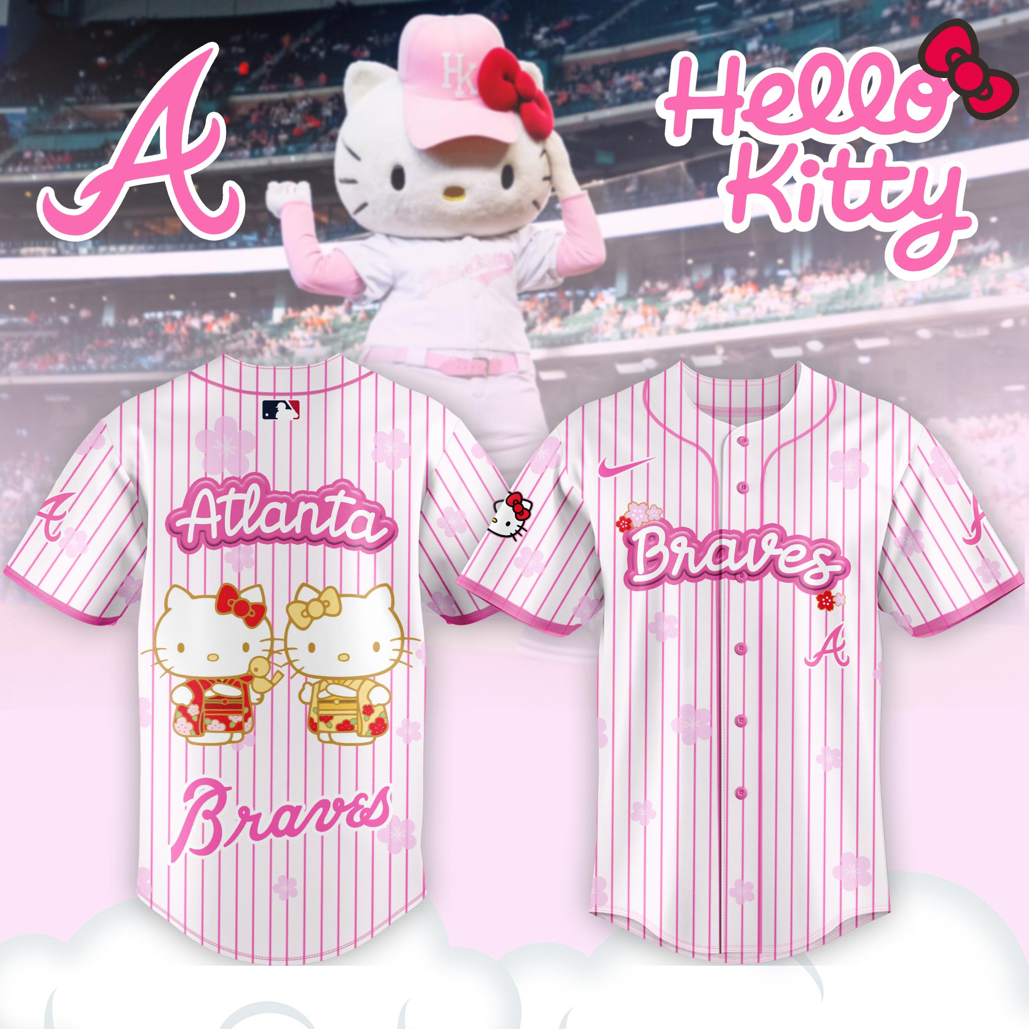 Atlanta Braves Hello Kitty Happy Girls Day Baseball Jersey and Hoodie