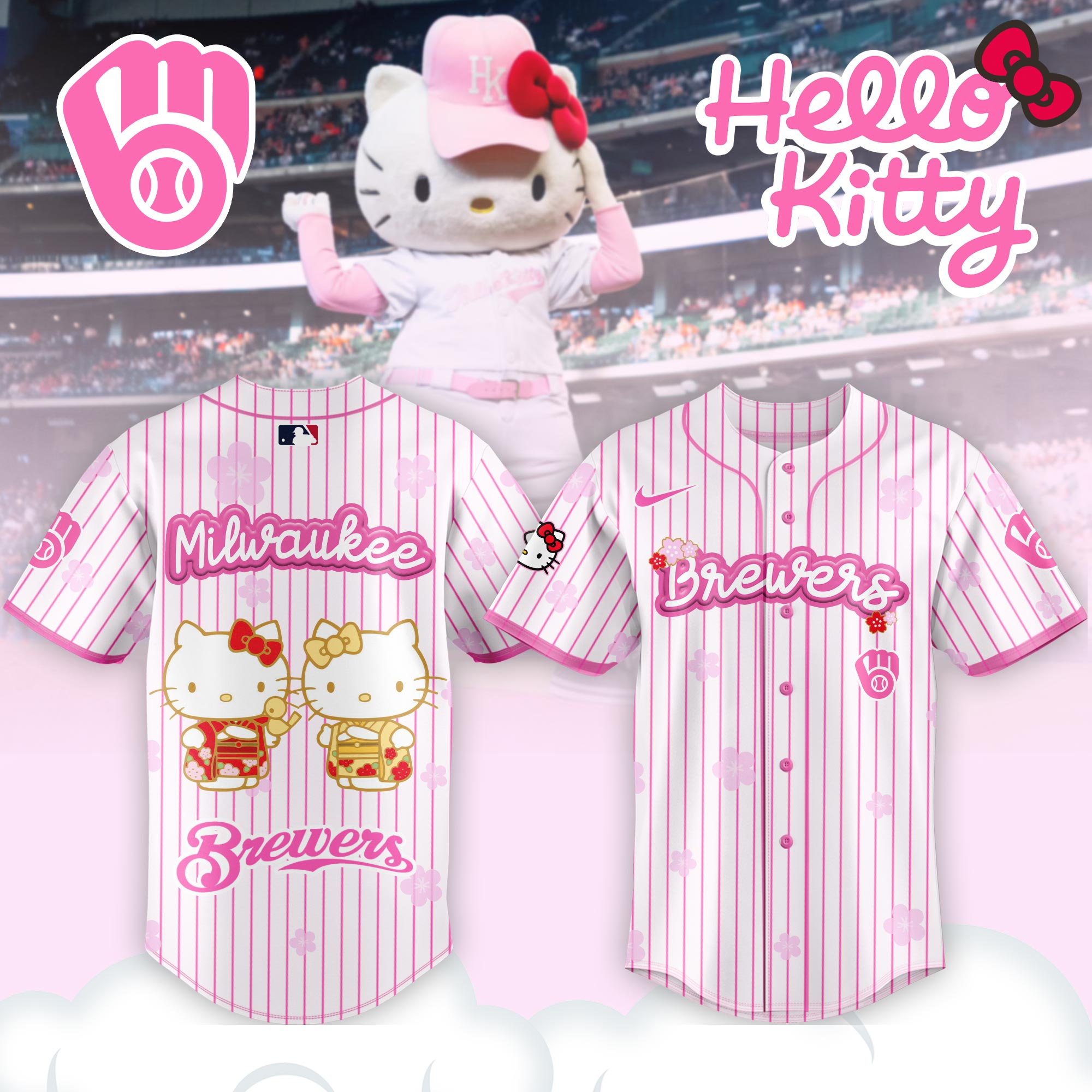 Alternative view of Milwaukee Brewers Hello Kitty Happy Girls Day Baseball Jersey and Hoodie
