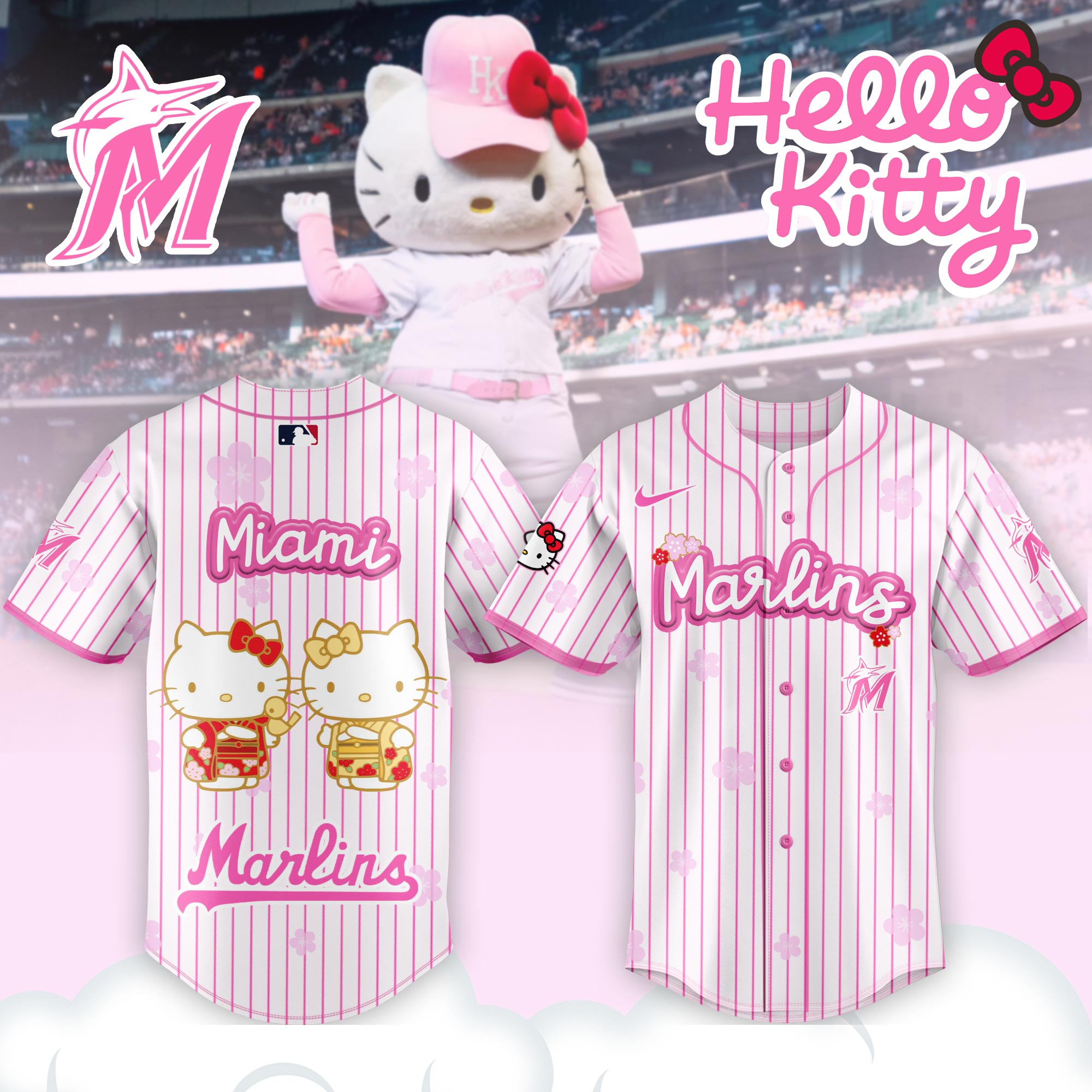 Alternative view of Miami Marlins Hello Kitty Happy Girls Day Baseball Jersey and Hoodie Custom Name