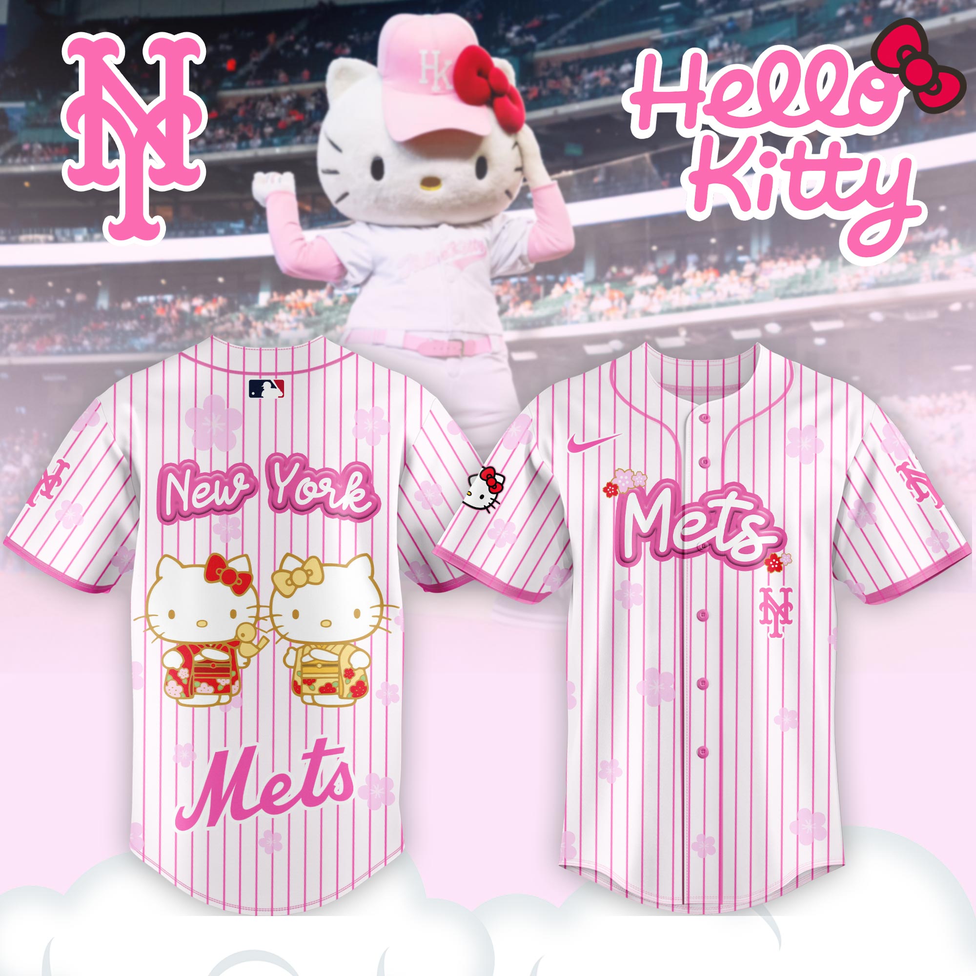 Alternative view of New York Mets Hello Kitty Happy Girls Day Baseball Jersey and Hoodie Custom Name