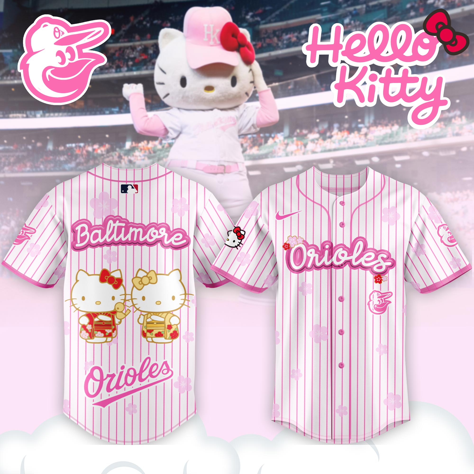 Alternative view of Baltimore Orioles Hello Kitty Happy Girls Day Baseball Jersey and Hoodie