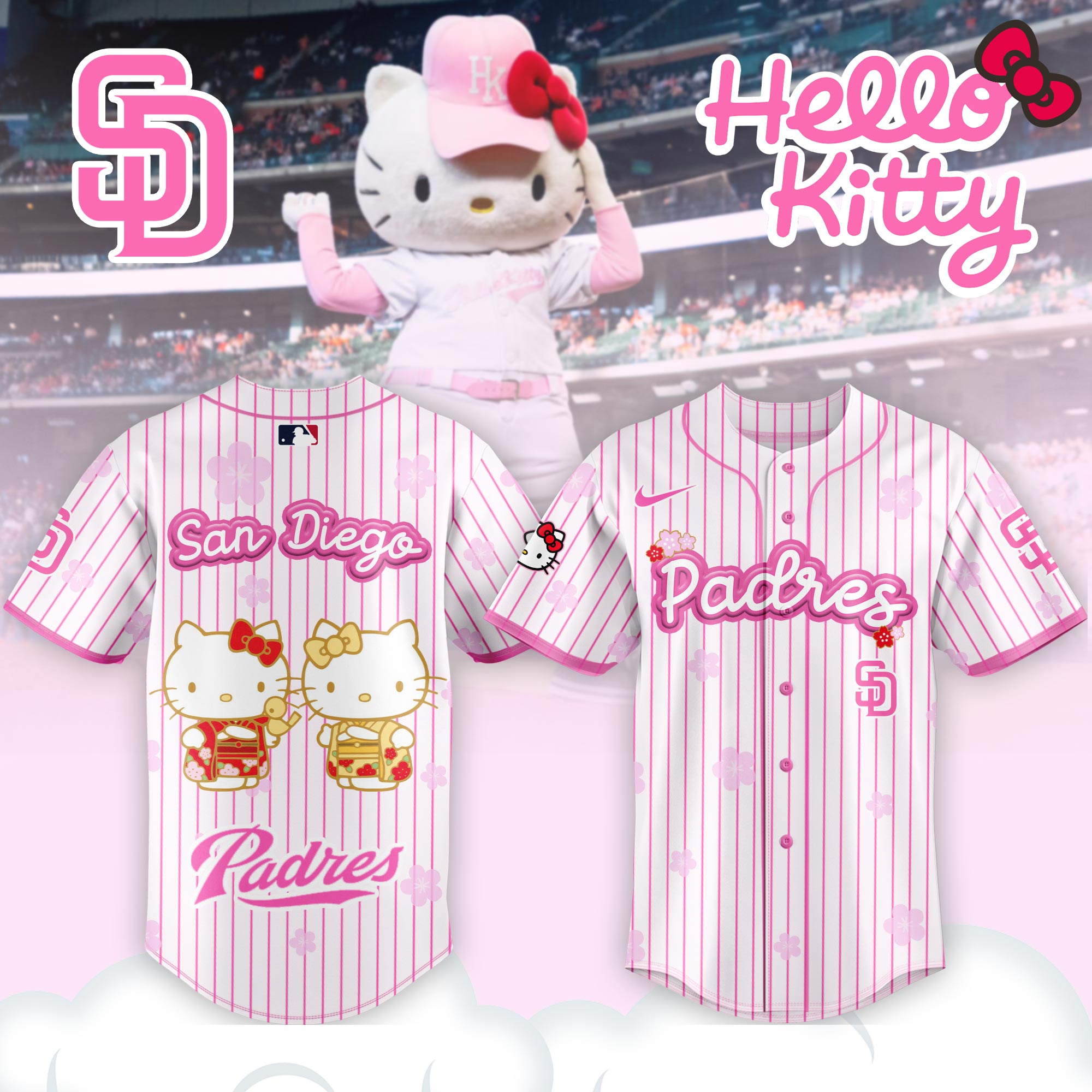 Alternative view of San Diego Padres Hello Kitty Happy Girls Day Baseball Jersey and Hoodie Custom Name
