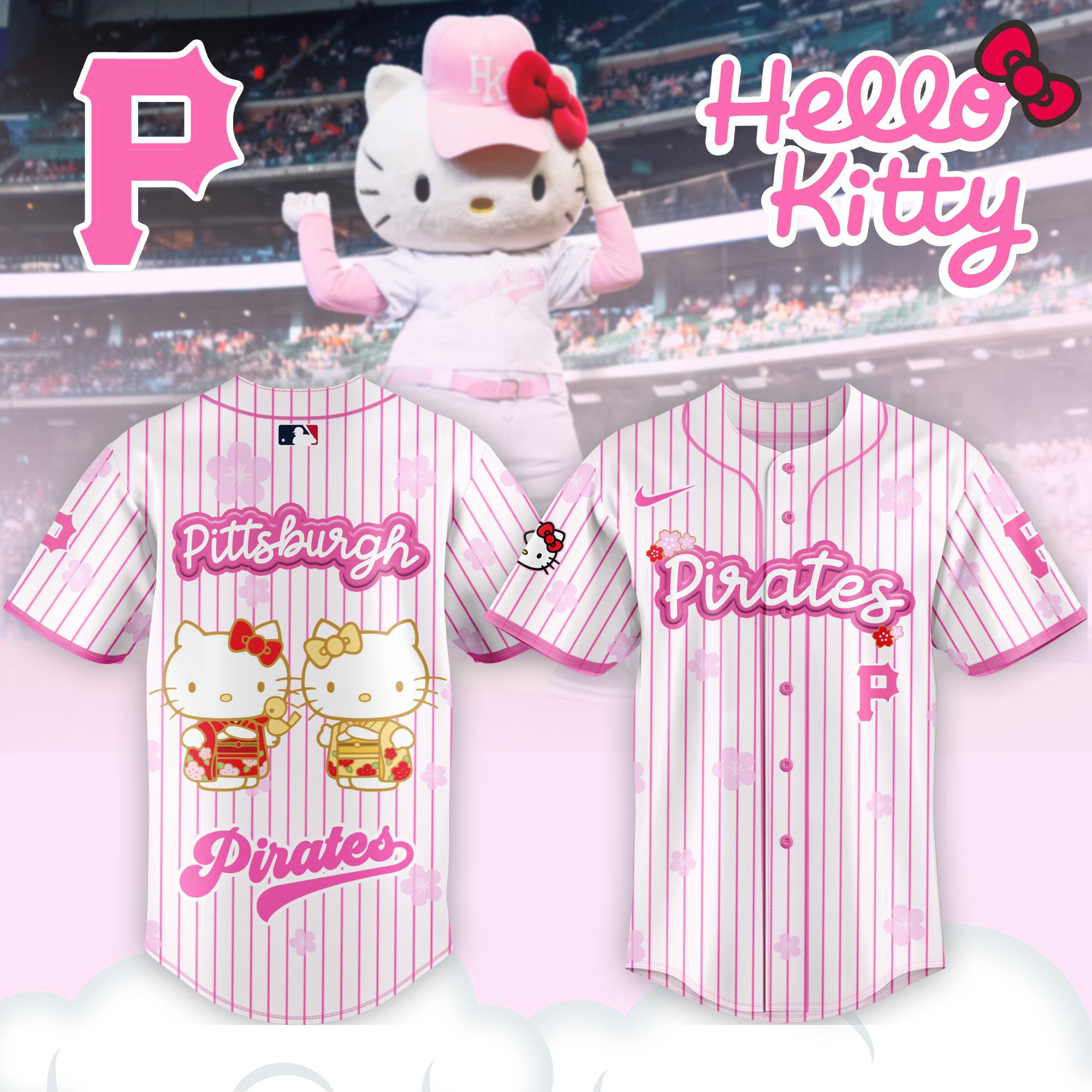 Alternative view of Pittsburgh Pirates Hello Kitty Happy Girls Day Baseball Jersey and Hoodie Custom Name