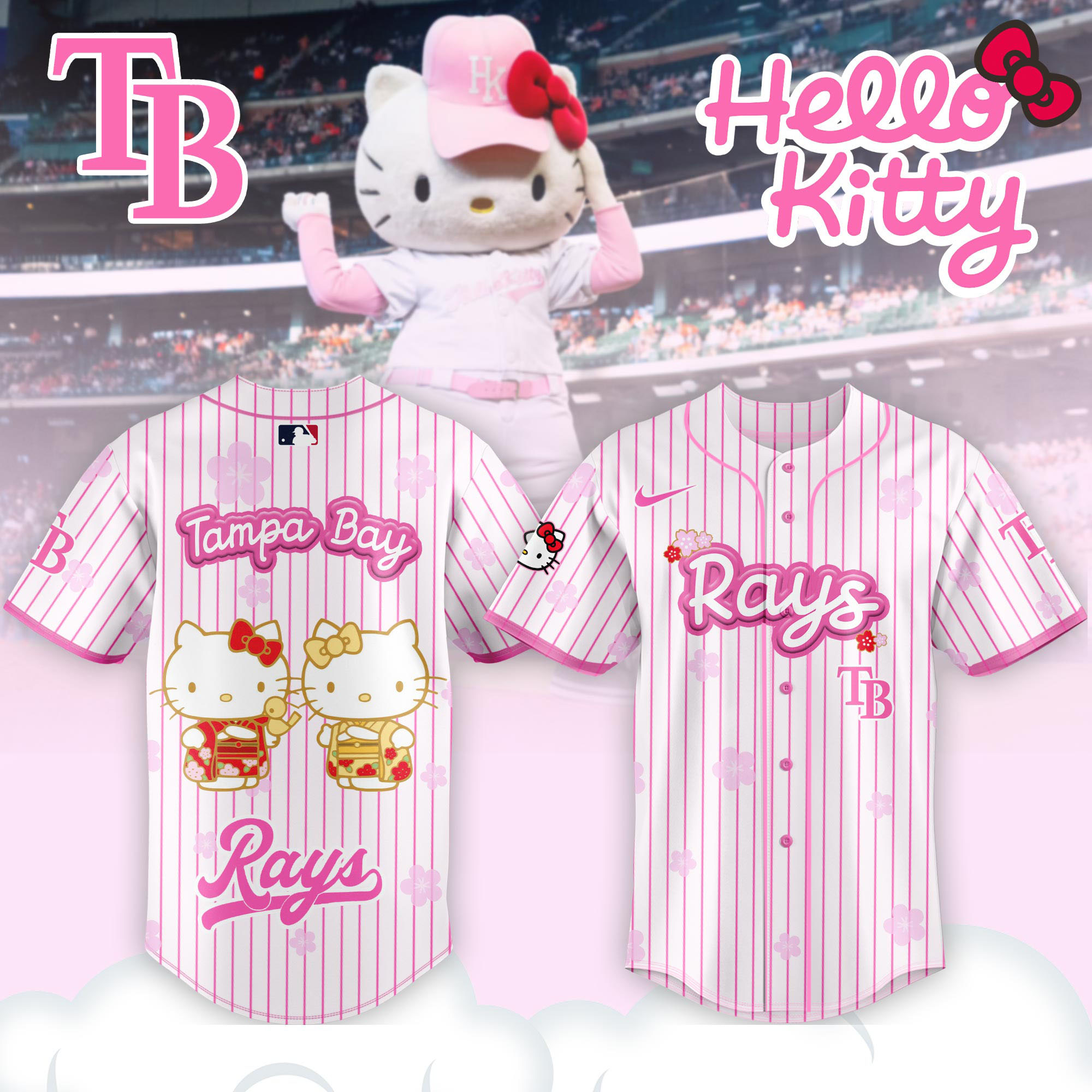 Alternative view of Tampa Bay Rays Hello Kitty Happy Girls Day Baseball Jersey and Hoodie Custom Name