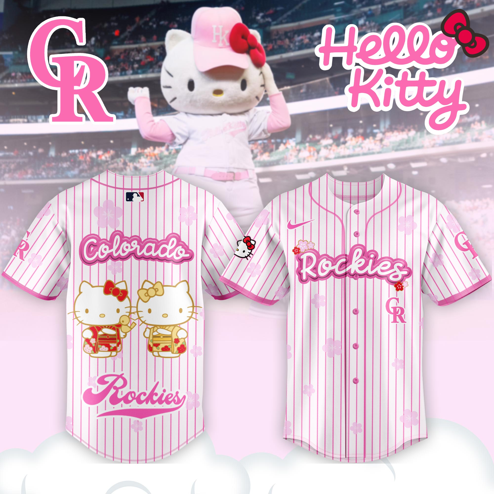 Alternative view of Colorado Rockies Hello Kitty Happy Girls Day Baseball Jersey and Hoodie