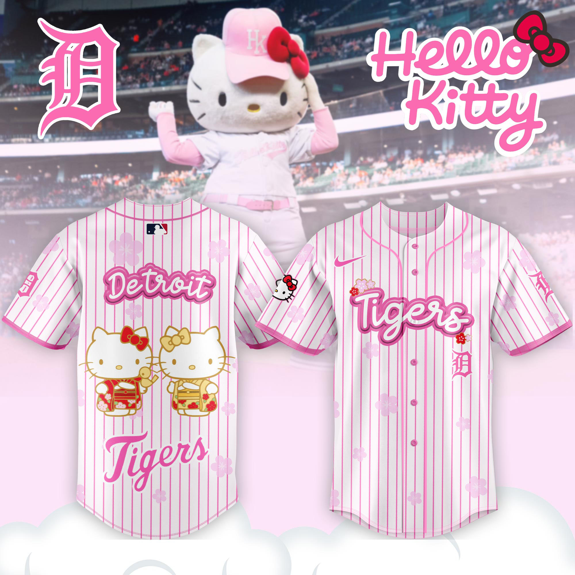 Alternative view of Detroit Tigers Hello Kitty Happy Girls Day Baseball Jersey and Hoodie